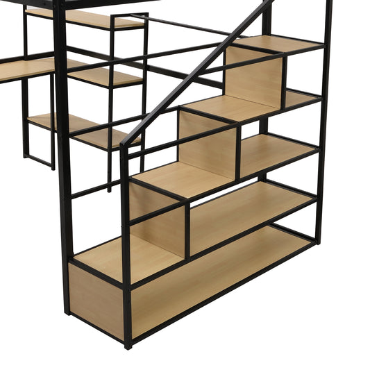 Full Size Metal Loft Bed With Staircase, Built-in Desk And Shelves, Black