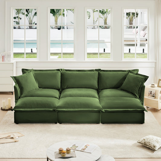 Chenille 3-Seater Slipcovered Sofa with 3 Ottomans