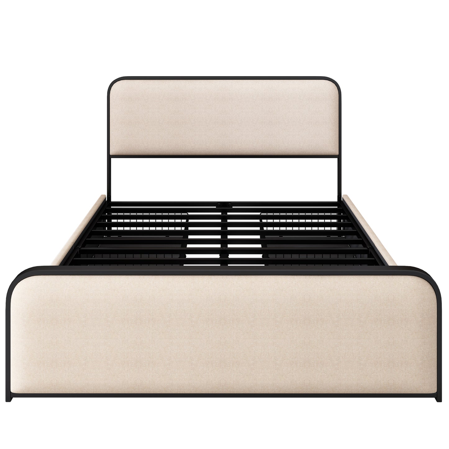 Modern Metal Bed Frame With Curved Upholstered Headboard And Footboard Bed With 4 Storage Drawers, Heavy Duty Metal Slats, Queen Size, Beige