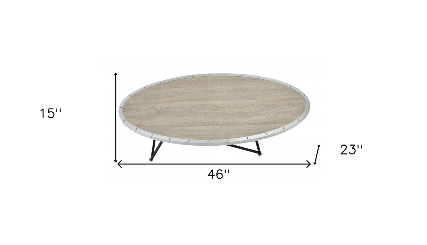 46" Natural and Black Wood And Iron Round Abstract Coffee Table