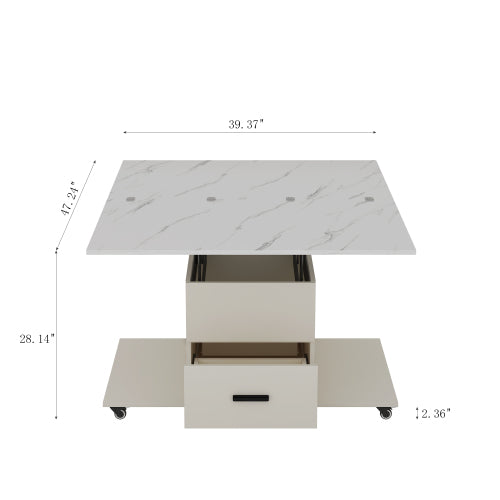 Modern Lift-Up Coffee Table With 4 Stools Set For Living Room Expandable 1 Hidden Storage 2 Drawers Space Saving Folding Dining Table