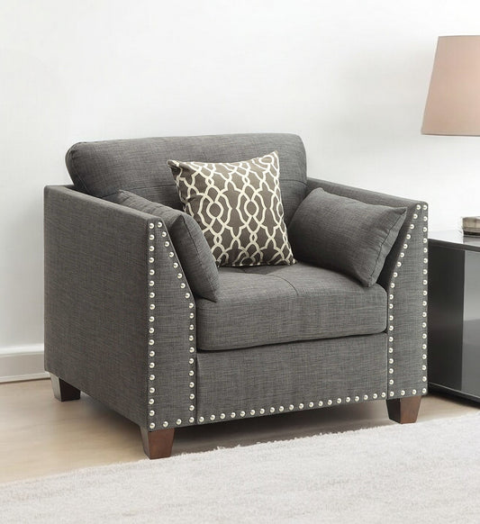 34" Charcoal and Brown Linen Arm Chair And Toss Pillows