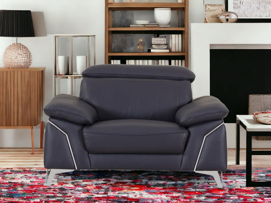 51" Blue And White Genuine Leather Chair and a Half