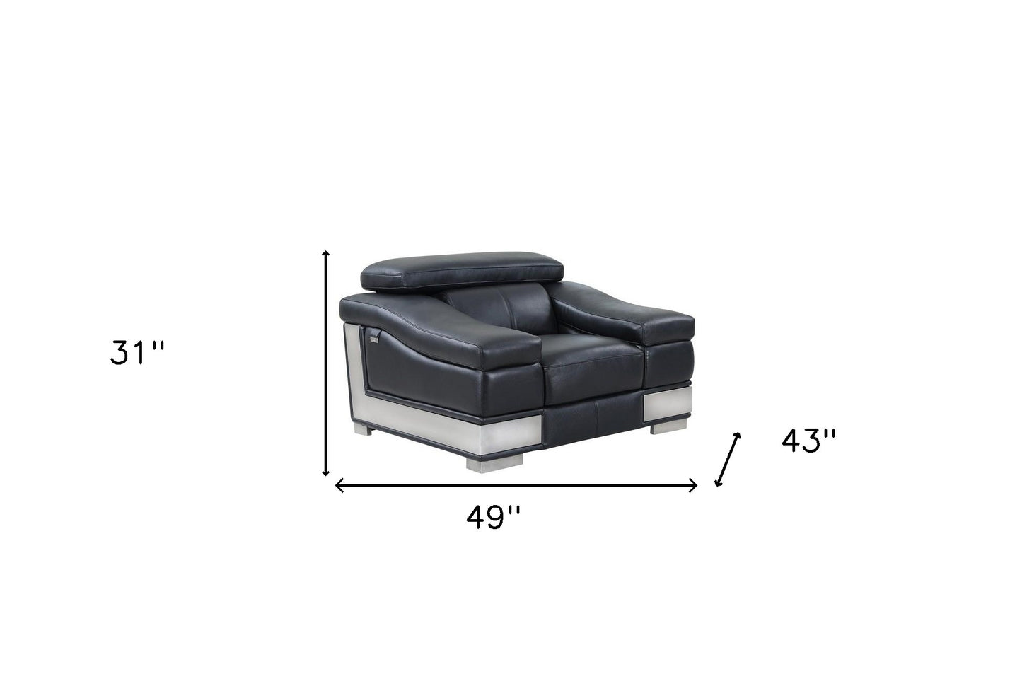 49" Black And Silver Genuine Leather Arm Chair