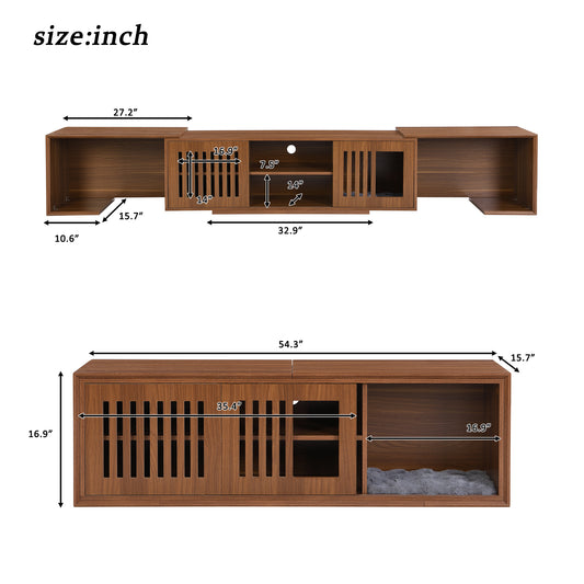 Mid-Century Modern 54.3 Extendable TV Stand Up To With Cat House Litter Box Enclosure Walnut Wood Entertainment Center, Sliding Doors, Hidden Pet Furniture