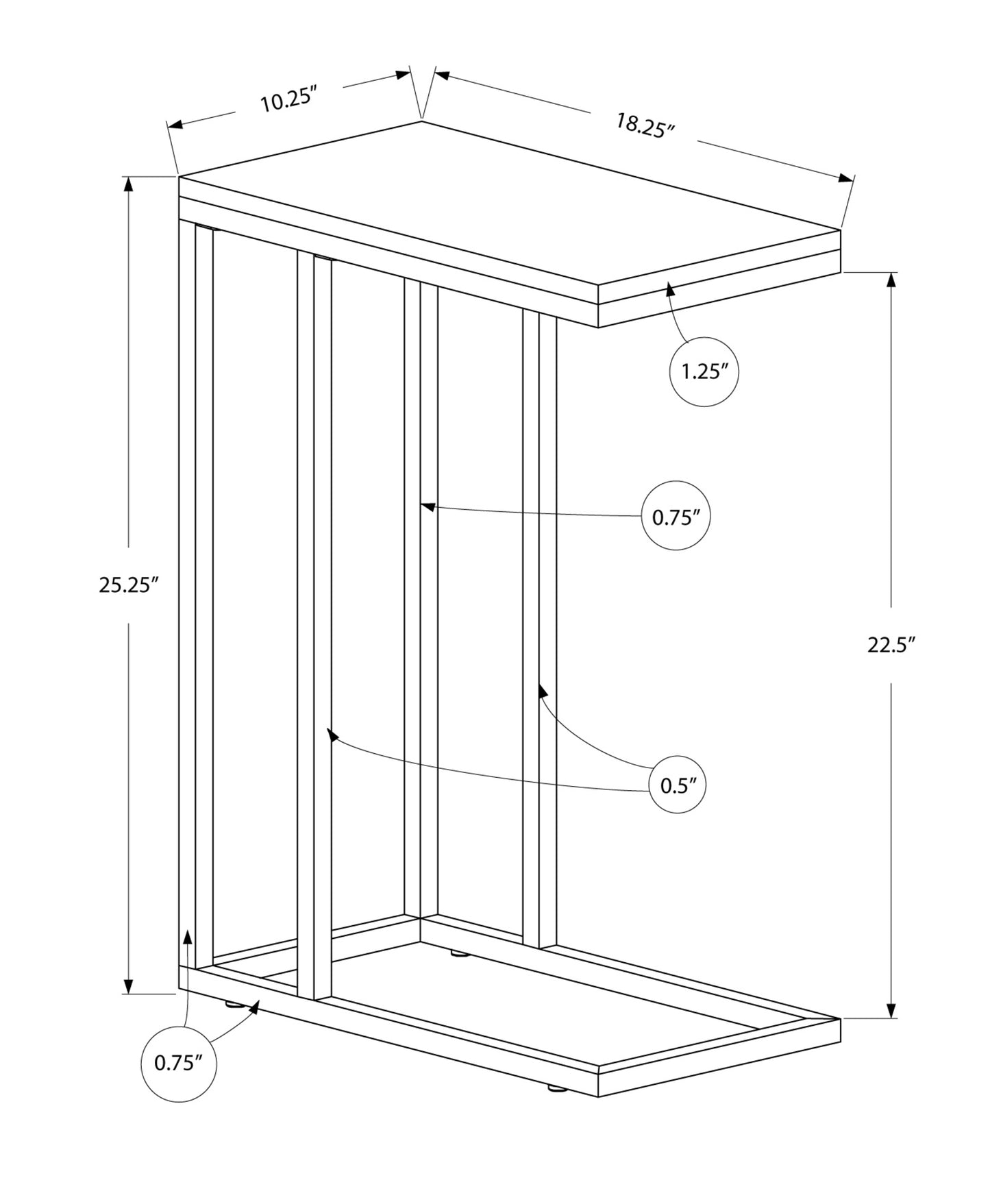 18.25" X 10.25" X 25.25" Grey Particle Board Metal Accent Table