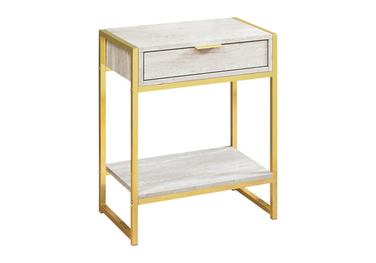 24" Gold And Beige Wood And Metal End Table With Drawer And Shelf