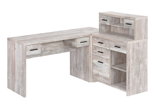 63" Taupe L Shape Computer Desk With Eight Drawers