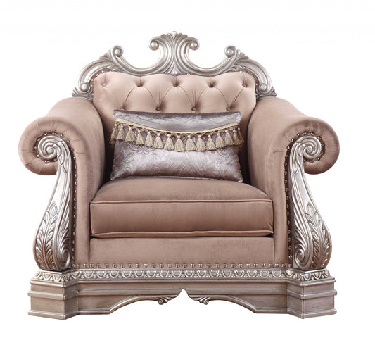 42" Cherry Blossom Pink and Silver Velvet Tufted Arm Chair And Toss Pillow