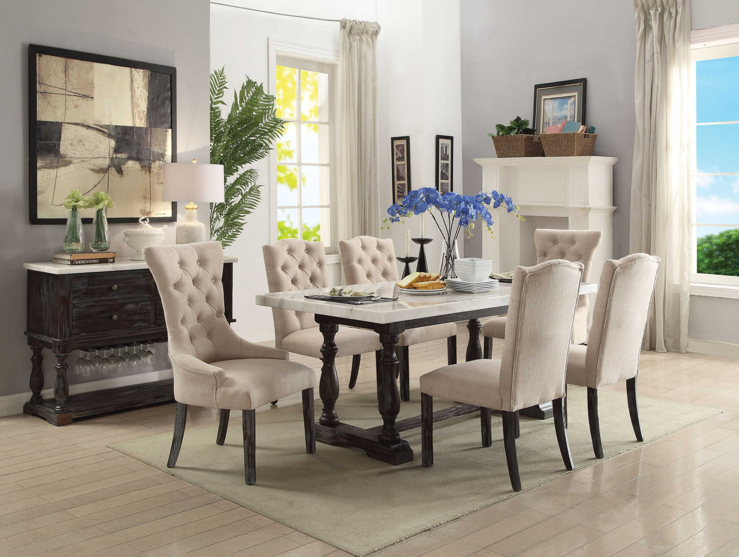Set of Two 28" Beige and Dark Brown Linen Tufted Parsons Chair