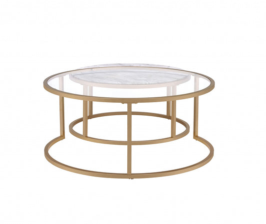 Set of Two Clear White and Gold Glass And Faux Marble And Iron Round Frame Nested Coffee Tables