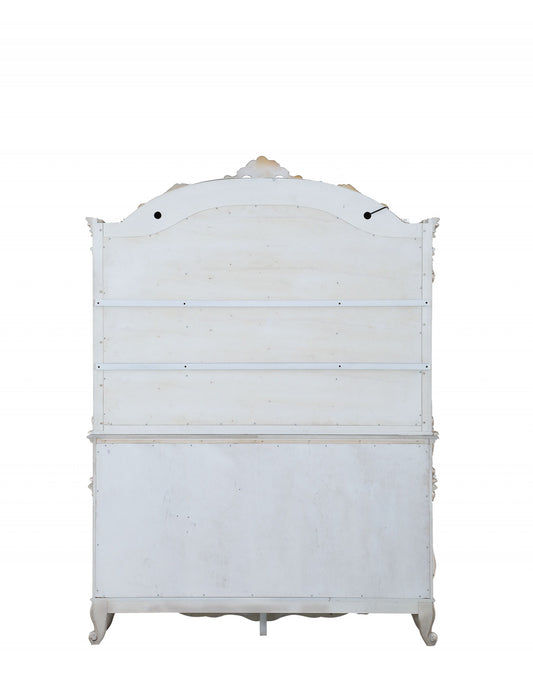 24" X 75" X 106" Antique White Wood Glass Mirror Hutch Buffet