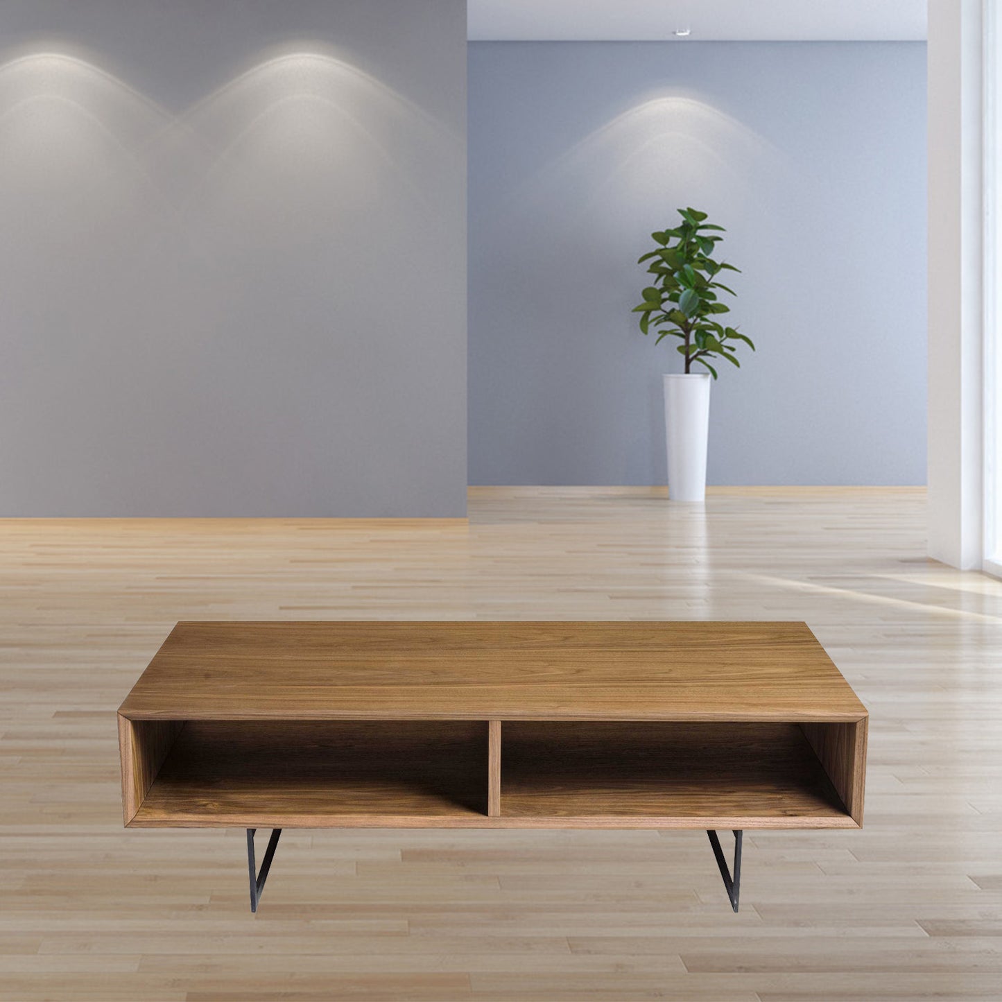 47" Brown and Black Wood And Metal Sled Coffee Table With Two Shelves