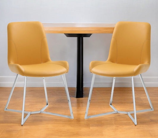 Set of Two Orange and Silver Upholstered Dining Side Chairs