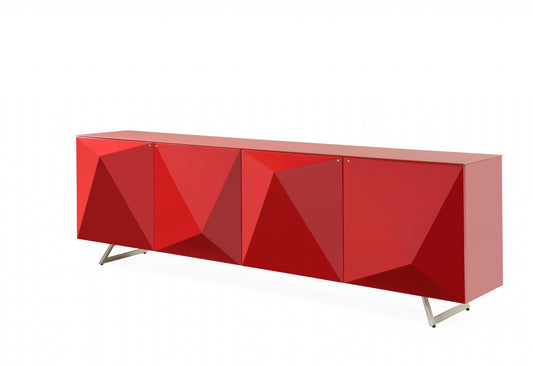 94" Red and Silver Stainless Steel and Metal Console Table