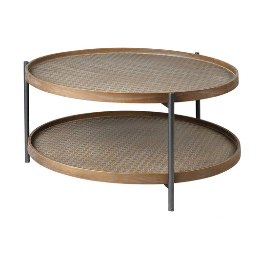 33" Brown and Black Solid Wood and Iron Round Coffee Table With Shelf