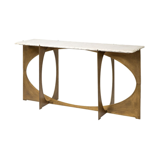59" White and Gold Genuine Marble and Metal Geo Base Console Table