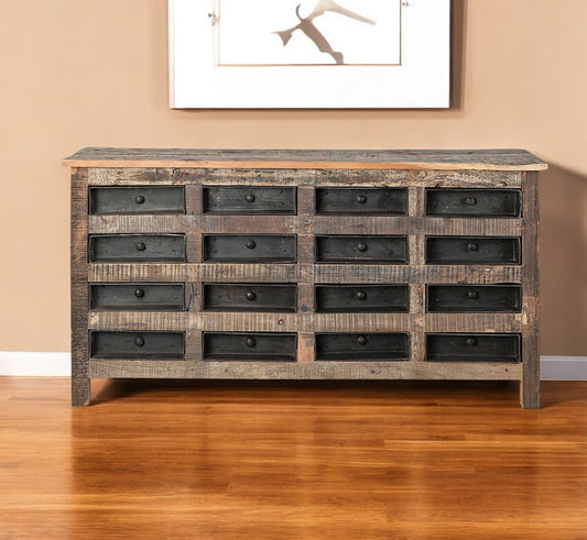63" Brown and Black Solid Wood 16 Drawer Sideboard