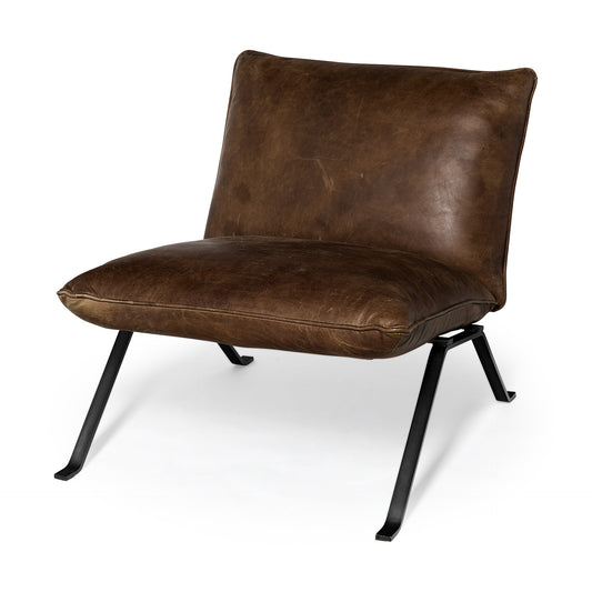 34" Brown and Black Top Grain Leather Distressed Slipper Chair