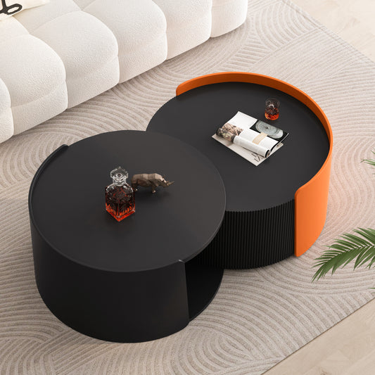 Nesting Coffee Table, Round Nesting Tables And End Tables For Small Space, Modern Side Tables With Extendable Sliding Tabletop For Living Room, Office,Black, No Need Assembly