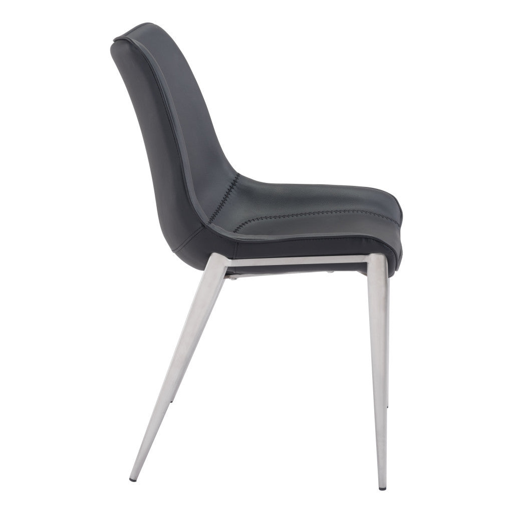 Set of Two Black and Silver Upholstered Faux Leather Dining Side Chairs