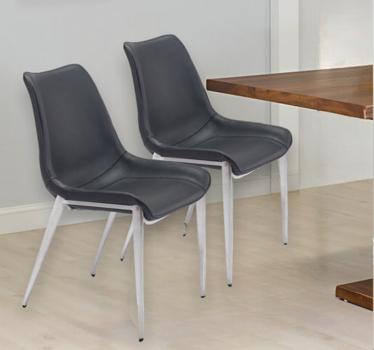 Set of Two Black and Silver Upholstered Faux Leather Dining Side Chairs
