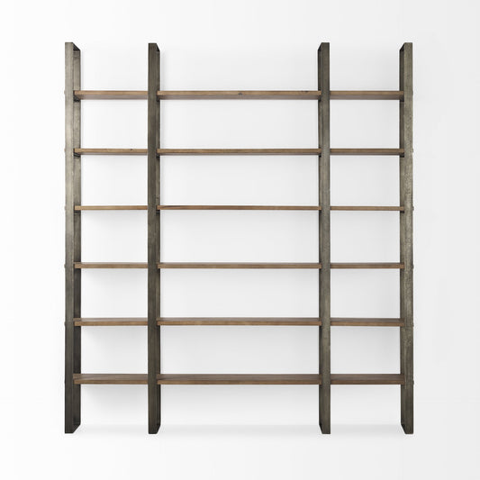 Brown Nickel and Solid Wood Six Tier Bookcase