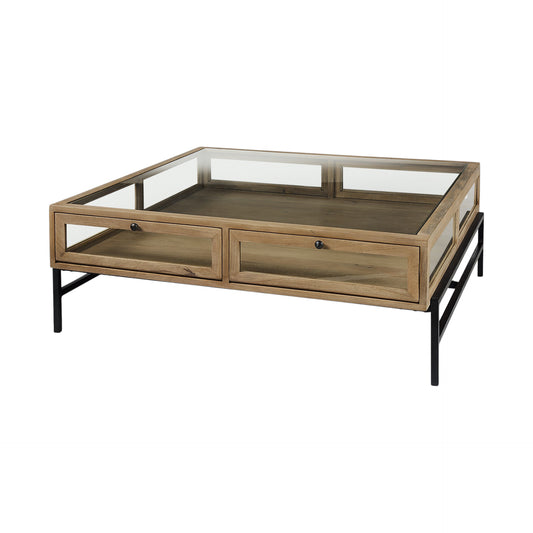 42" Clear and Black Glass and Metal Square Coffee Table With Two Drawers And Shelf