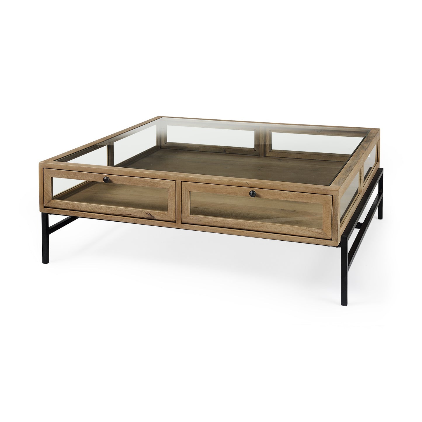 42" Clear and Black Glass and Metal Square Coffee Table With Two Drawers And Shelf