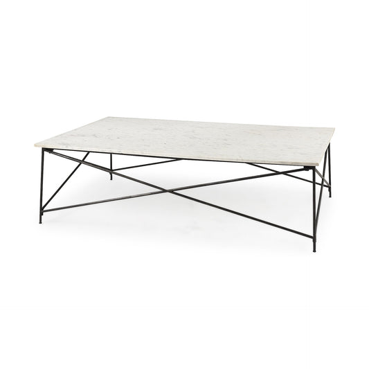 35" White Genuine Marble and Metal Coffee Table
