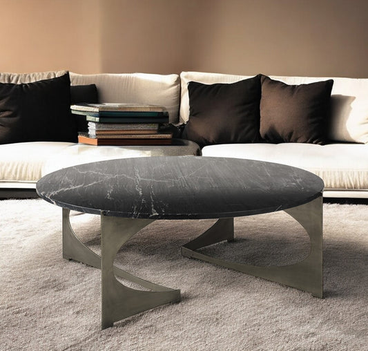 48" Black and Gold Genuine Marble and Iron Round Coffee Table