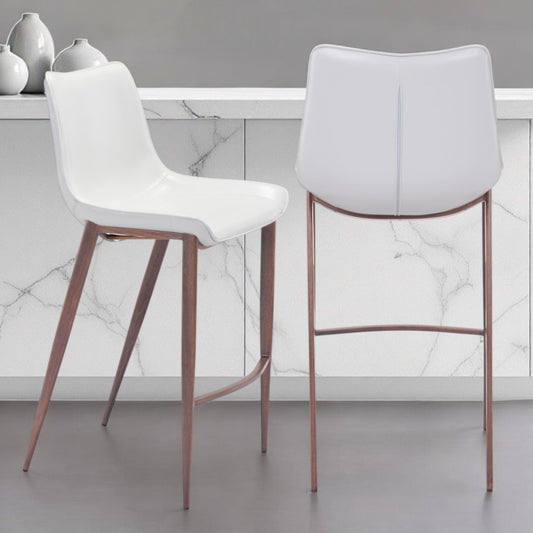 Set of Two 30" White And Brown Steel Low Back Bar Height Bar Chairs