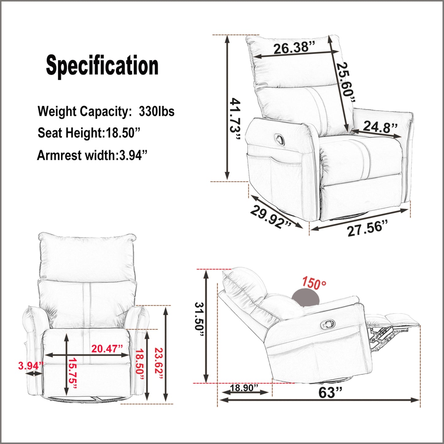 360 Swivel Rocking Recliner Chair, Nursery Glider, Modern Small Rocker