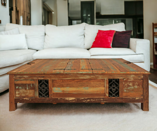 60" Green and Brown Solid Wood Distressed Lift Top Solid Coffee Table