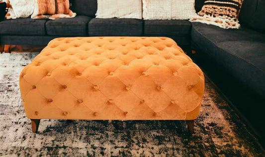 40" Orange and Brown Fabric and Solid Wood Square Coffee Table