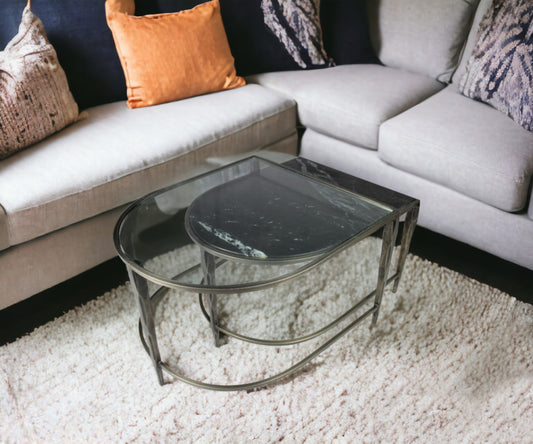 Set of Two Clear and Gold Glass and Iron Oval Frame Nested Coffee Tables