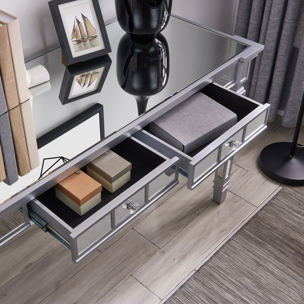 47" Silver Mirrored Writing Desk With Two Drawers