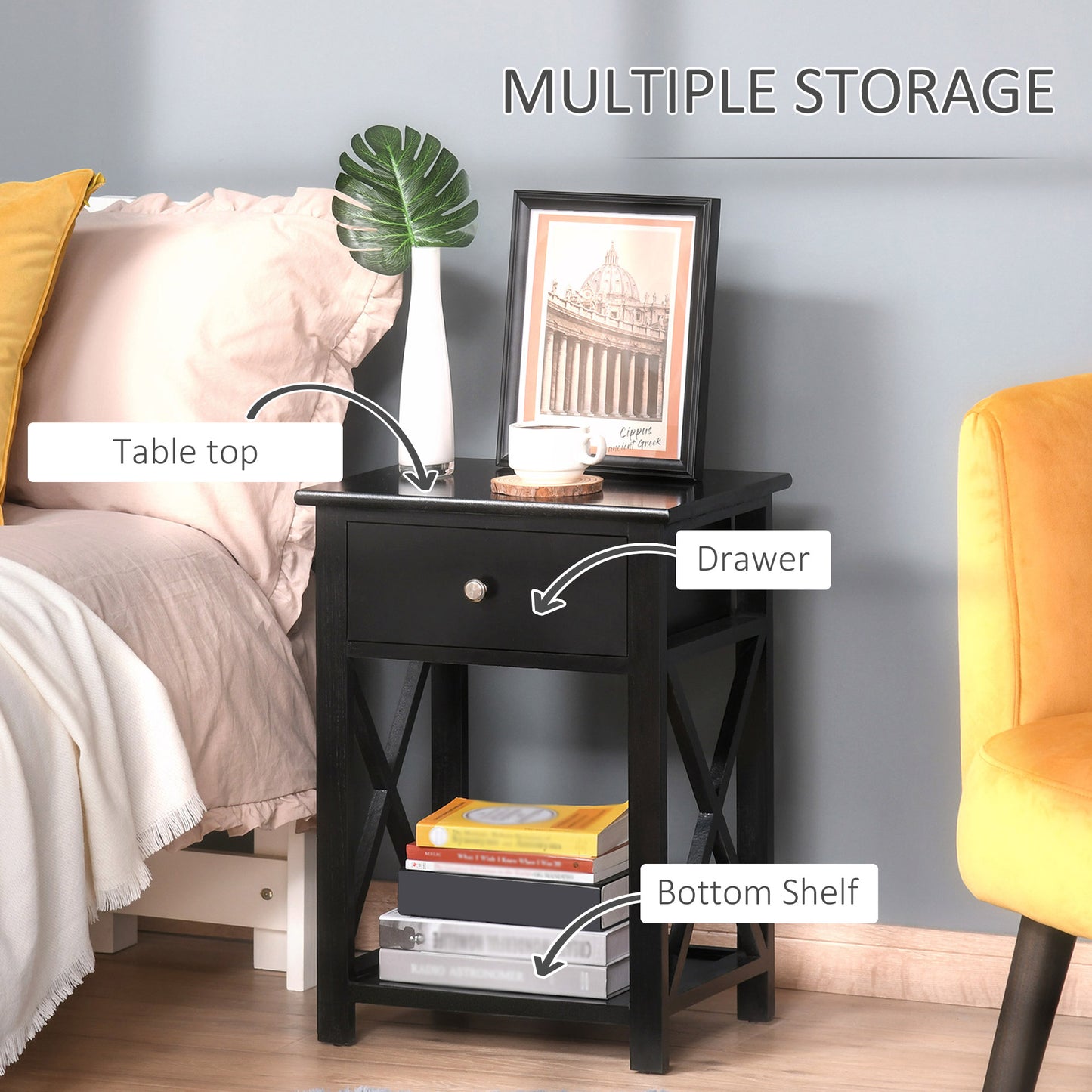 End Table, Sofa Side Table With Drawer X Bar Bottom Storage Shelf, Nightstand Bedside Table For Bedroom Or Living Room Black