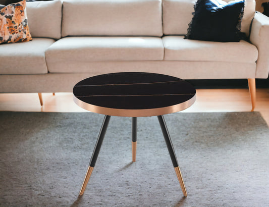 20" Black and Gold Faux Marble And Metal Round Coffee Table