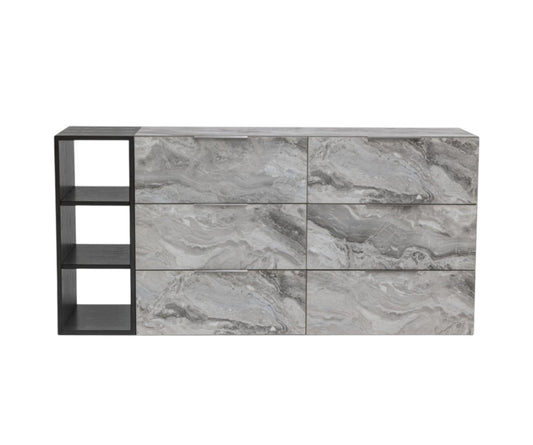 63" Grey Faux Marble and Black Wood Six Drawer Double Dresser