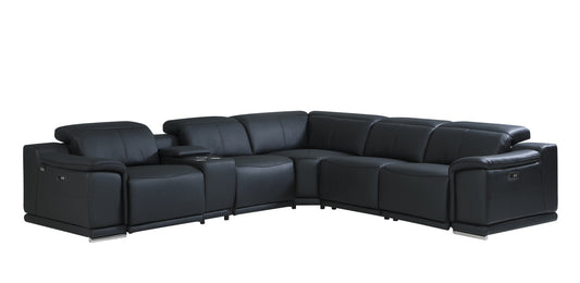 Black Italian Leather Power Reclining U Shaped Six Piece Corner Sectional With Console
