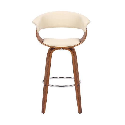 27" Cream and Brown Faux Leather and Solid Wood Low Back Counter Height Swivel Bar Chair