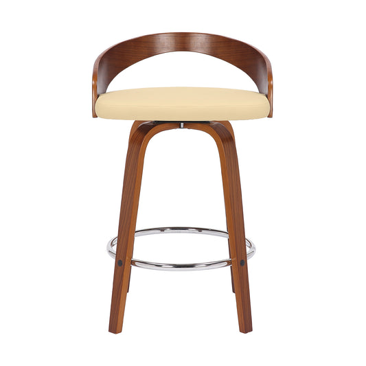 26" Cream and Brown Faux Leather and Solid Wood Low Back Counter Height Swivel Bar Chair