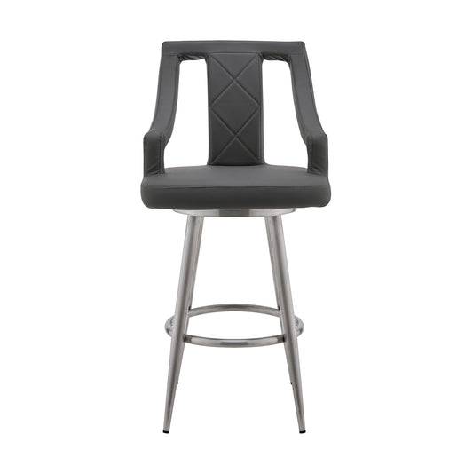 25" Gray and Silver Faux Leather and Iron Counter Height Swivel Bar Chair