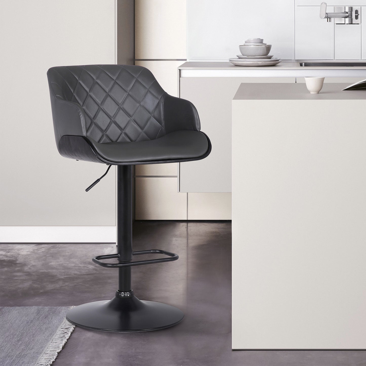 Gray and Black Faux Leather and Iron Low Back Adjustable Height Swivel Bar Chair