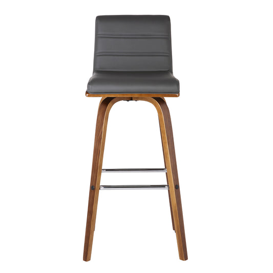 30" Gray and Brown Faux Leather and Solid Wood Low Back Bar Height Swivel Bar Chair