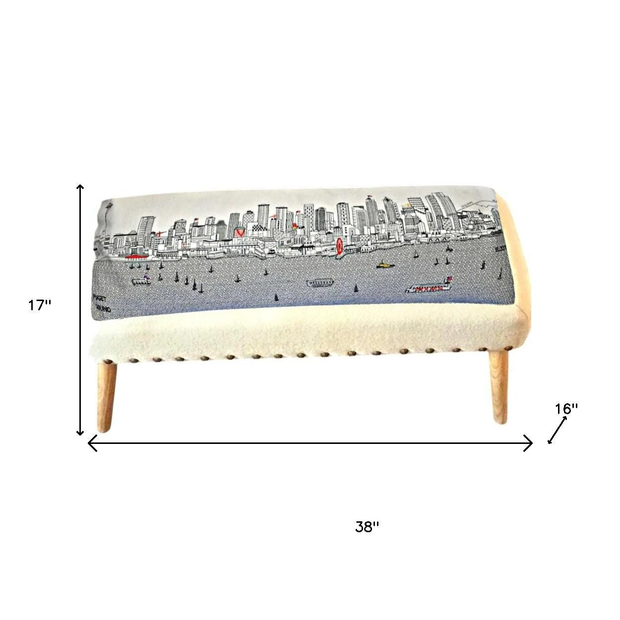 38" Cream Wool and Brown Ottoman
