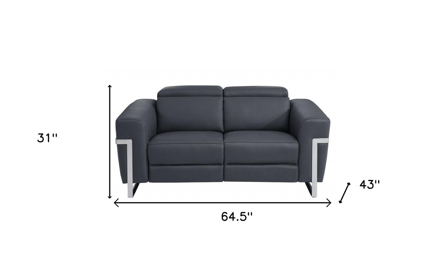 65" Gray And Silver Italian Leather Power Reclining Loveseat