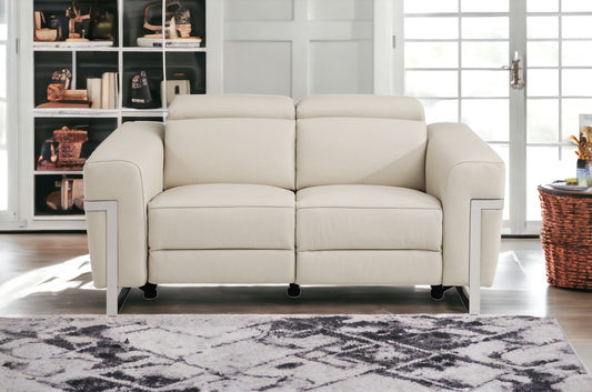 65" Beige And Silver Italian Leather Power Reclining Loveseat