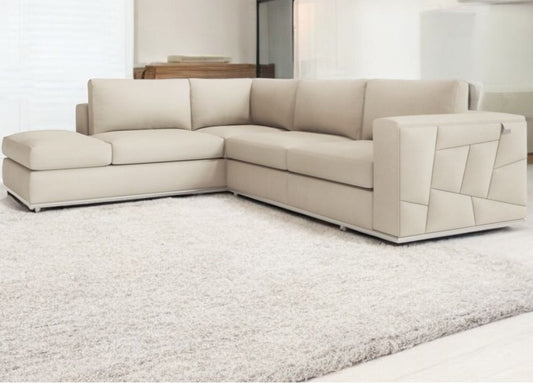 Beige Italian Leather Reclining L Shaped Two Piece Corner Sectional
